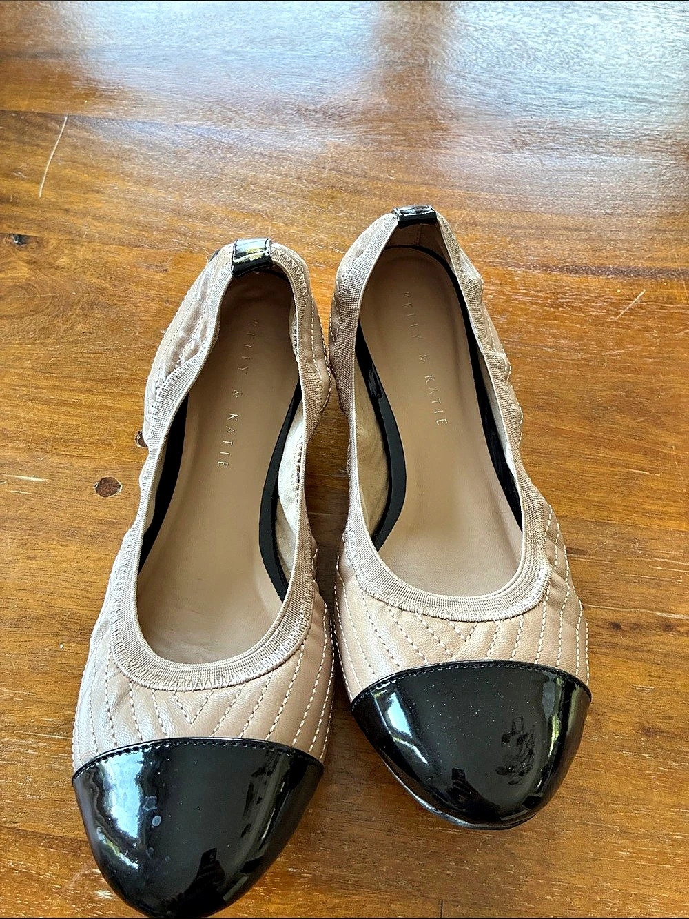 Kelly and Katie Patent Toe Cap Flats in Beige & Black